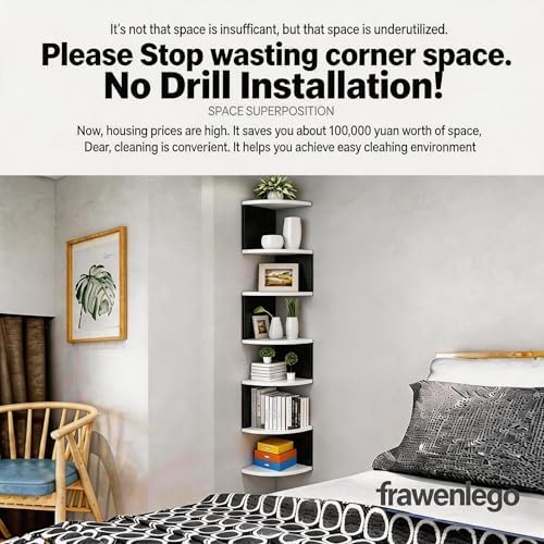 No-Drill Corner Shelf Wall Mount, 7-Tier Floating Corner Bookshelf with Hooks, Space-Saving Zigzag Plant Shelf for Bedro