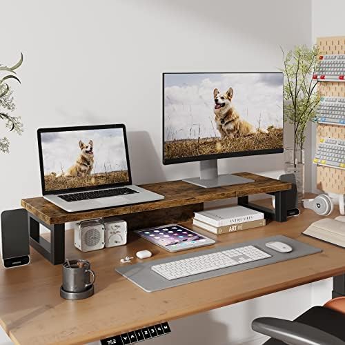 WESTREE Dual Monitor Stand Riser, Wood and Steel Monitor Stand Riser, Computer Monitor Stand for 2 Monitors, Multi-Purpo