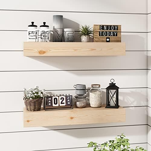Wall Floating Shelves, Rustic Wood Shelf for Wall Mounted - Wooden Handmade Shelves for Bathroom Kitchen Livingroom - No Stain - DIY(Unfinished, 24 Inch - 2 Pack)