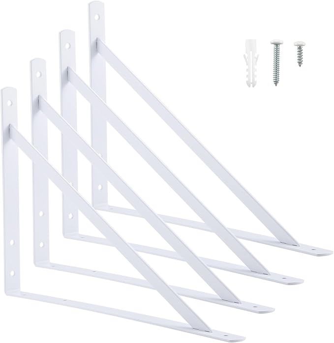 HOME MASTER HARDWARE 20 x 13 inch Heavy Duty Shelf Brackets, 4-Pack White Metal L Brackets - 90 Degree Angle Supports for Wall Mounted Wood Shelving, Floating Shelves with Screws
