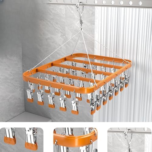 Clothes Drying Racks Clip Hangers Metal with 36 Clips Windproof Hook Underwear Hanger Foldable Laundry Clip for Socks Bras (Gold)