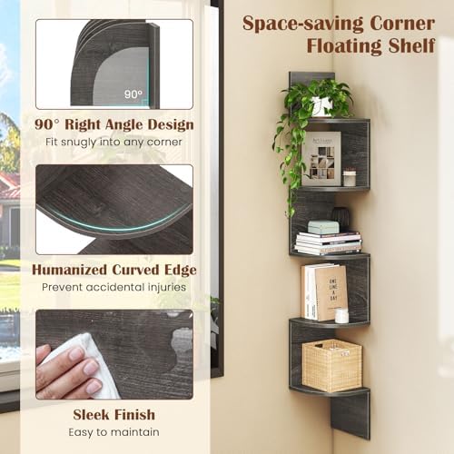 GOFLAME Corner Shelf Wall Mounted Set of 2, 5-Tier Floating Corner Bookshelf, Wood Plant Stand, Modern Floating Display 