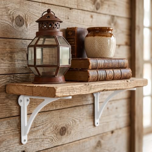 Khtumeware 100% Solid Brass Decorative Shelf Brackets, 8-inch Wall-Mounted Shelving Brackets, 2-Pack White Vintage Metal