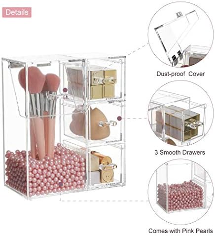 HOSEN Acrylic Makeup Organizer and Brush Holder With Lid Make up Organizer With Pearls Cosmetics Organizer Makeup Brushe