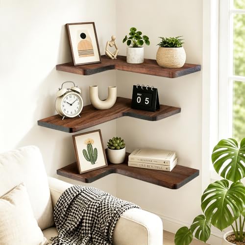 Solid Wood Corner Floating Shelves, L-Shaped, Brown, Set of 3