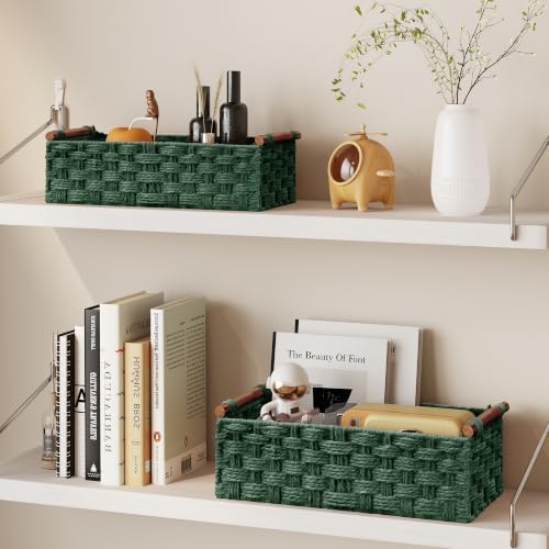 Vagusicc Wicker Storage Basket, Set of 2 Hand-Woven Paper Rope Wicker Basket for Organizing with Handle Decorative Stora