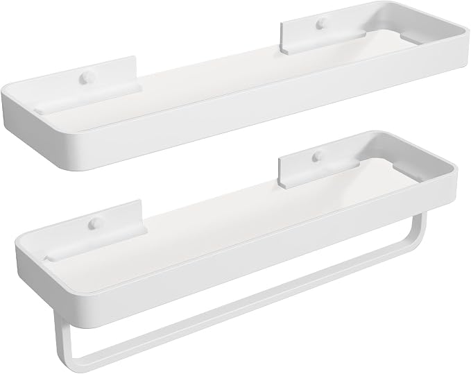 Danpoo 16-Inch White Floating Bathroom Shelves with Towel Bar， Clear Tempered Glass Wall Shelf 2-Pack – Versatile Bathroom Organizer Set