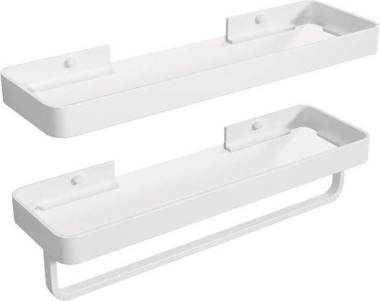 Danpoo 16-Inch White Floating Bathroom Shelves with Towel Bar， Clear Tempered Glass Wall Shelf 2-Pack – Versatile Bathroom Organizer Set