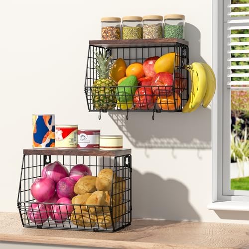 Wawocs Fruit Basket for Kitchen Counter 2 Tier Fruit Bowl, Stackable Wall Mounted Hanging Fruit Basket Wire Baskets with