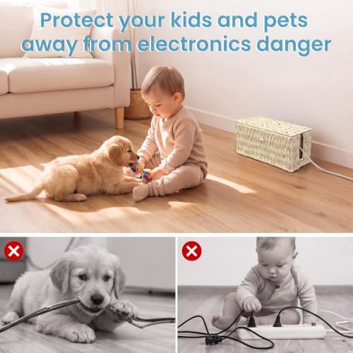 efluky 2 Pack Plastic Floor Cord Covers with Lid, Hand-Woven Cable Management Box, 2 Open Slots Cord Box to to Hide USB 