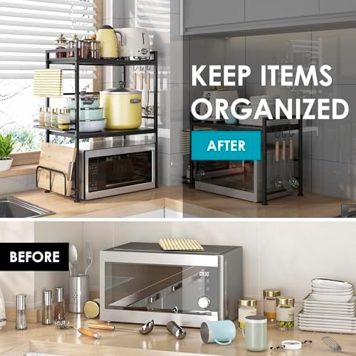 DOLALIKE Microwave Oven Rack, Expandable Microwave Stand Countertop Kitchen Utensils Tableware Storage, Carbon Steel Ove