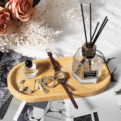 Koville Natural Travertine Tray for Bathroom Vanity, Noble Golden Yellow Bathroom Marble Trays for Countertop Organizer,