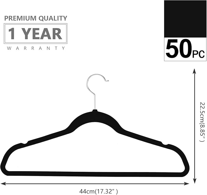 MIZGI Premium Velvet Hangers (50 Pack) - Heavy Duty, Non Slip Felt - Velvet Suit Hangers, Black with Chrome Hooks, Space Saving