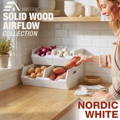 HOMESTEAD Stackable Solid Wood Storage Bins for Kitchen Pantry & Countertop, Ventilated Potato and Onion Basket Organize