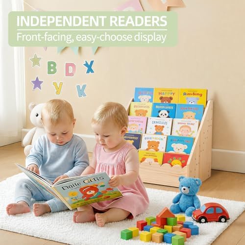 5 Tier Scalloped Bookshelf for Kids, Montessori Bookcase, Natural