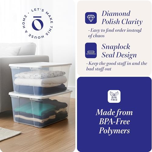 HOMZ Snaplock, Large Clear Plastic Storage Organizer Bins w/Lids, 2 Pack
