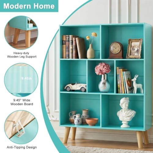 YAHARBO Green Bookshelf,3 Tier Book Shelf with Legs, 7 Cube Minimalist Bookcase,Storage Organizer Shelves Display Bookca