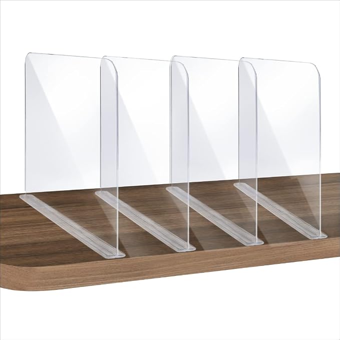 ROUFA 4Pcs Clear Acrylic Shelf Dividers, Adjustable Closet Organizer Fit for Any Thickness of Shelves, Multi-Purpose Wood Shelf Separators for Bedroom, Kitchen, Office, Bathroom, 11.8''x11''