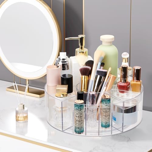 360 Rotating Makeup Organizer for Vanity, 10” Desk Acrylic Spinning Cosmetic Skincare Organizer Countertop, Large Clear 