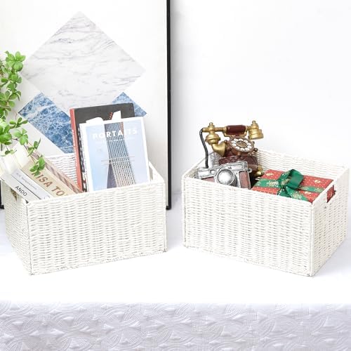 Vagusicc Wicker Storage Basket, Set of 2 Hand-Woven Paper Rope Wicker Basket, Large Storage Baskets for Organizing, Fold