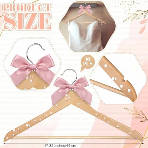Wonderjune Blush Pink 10 Pcs Bride Hanger for Wedding Bride Groom Bridesmaid Ribbon Bow Pearl Hanger Wood Color Elegant Wooden Dress for Bridal Shower Tuxedo Photo Keepsake Party Gift (Pearl Bow)