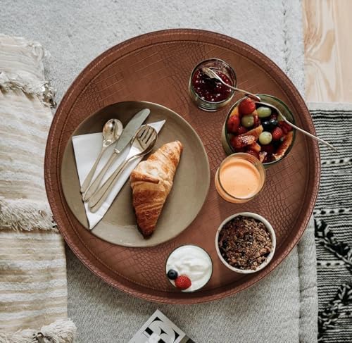 HofferRuffer Round Serving Tray 20'', Elegant Faux Leather Circle Ottoman Table Tray, Serve Tea Coffee Breakfast in Bedr