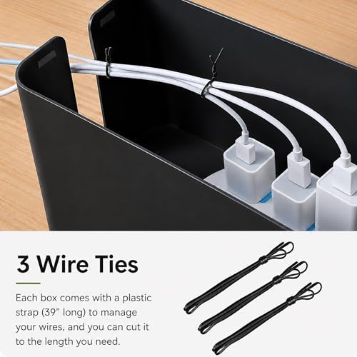 [Set of 3] 3 Cable Management Boxes + 3 Wire Ties, Large Cord Box Organizers to Hold and Hide Power Strip Charger Adapte