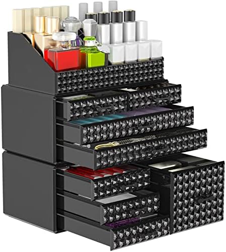 3 Pack Makeup Organizer Stackable[Upgraded], Acrylic Cosmetics Storage Cases with 8 Drawers Perfume Organizers For Brush