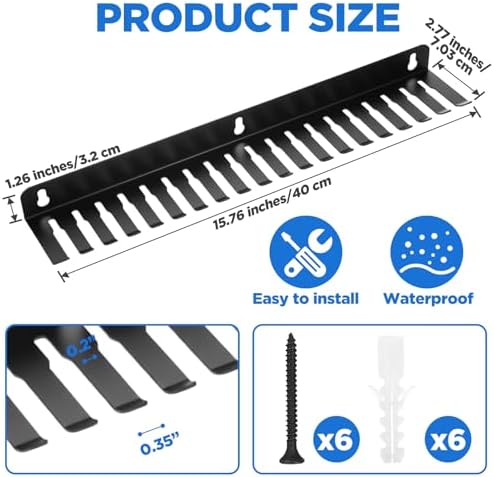 2 Pcs Wall Mountable Cable Hanger – Heavy-Duty Carbon Steel Cord Organizer with 19 Slots (0.2“-0.35”), Black – 15.8 x 2.