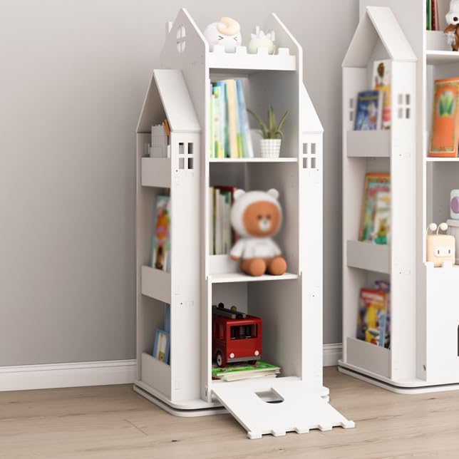 4-Tier Rotating Children's Bookshelf,Floor Standing Bookcase,360 Display Storage Rack,Book Display Shelf for Living Room