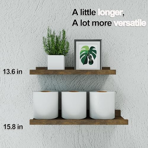 Brown Floating Shelves for Wall Decor, 14 in Shelf with Lip Set of 2
