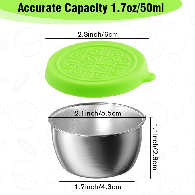 Showvigor 6-Pack Salad Dressing Containers, 1.6 oz Stainless Steel Condiment Containers with Silicone Lids, Leakproof Reusable Sauce Cups for Lunch Box, Picnic and Travel