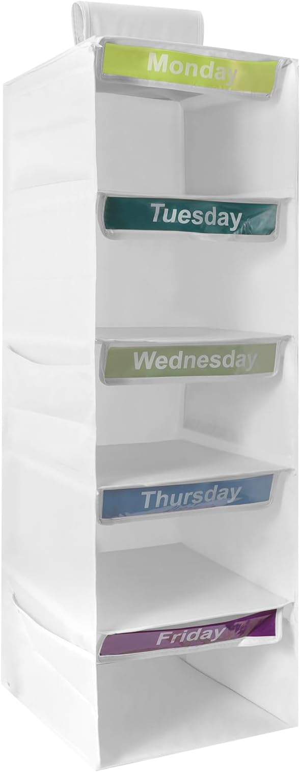 5 Shelf Weekly Hanging Closet Organizer Monday Through Friday Clothes White | Days of The Week Hanging Storage Shelves Foldable, Daily Close Organizer for Kids with 6 Side Pockets