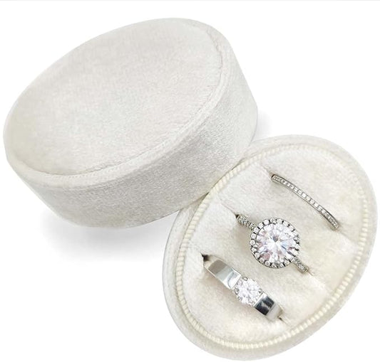 Velvet Oval Ring Box 3 Slots - Premium Wedding Three Rings Holder Box Vintage Handmade Storage Jewelry Organizer for Proposal, Engagement, Wedding Ceremony, Christmas (Ivory)