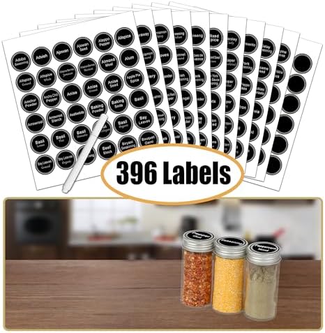 SWOMMOLY 3 Tier Spice Rack Organizer with 24 Empty Round Spice Jars, 396 Spice Labels, Funnel and Chalk Marker Complete 