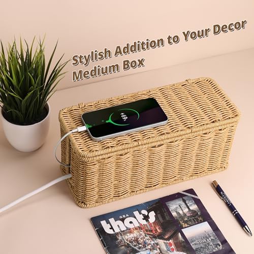 ZhiYo Rattan Cable Management Box, Brown Cord Organizer, 12.5" x 5" x 5.2"