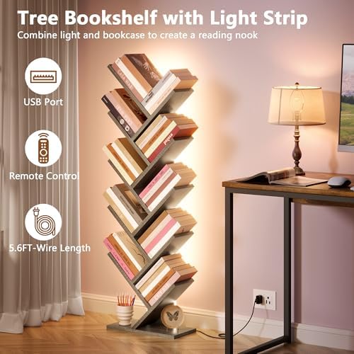Hoctieon 10 Tier Tree Bookshelf with LED Lights, Small Bookcase, Freestanding Book Shelf, Display Floor Standing Storage