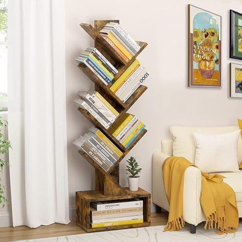 Hoctieon 6 Tier Tree Bookshelf, Tall Bookcase with Drawer, Freestanding Book Shelf, Display Floor Standing Storage Shelf