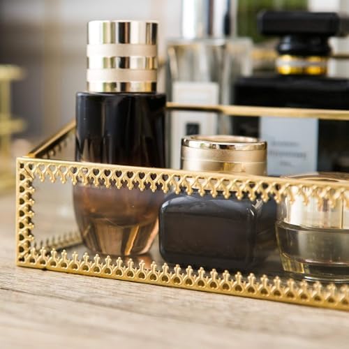 Vintage Gold Makeup Organizer - Glass Makeup Organizer Countertop Organizer for Make-Up Brushes Vanity, Tabletop Organiz