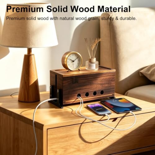 Large Wood Cable Management Box, Vintage Walnut Cord Organizer 14"
