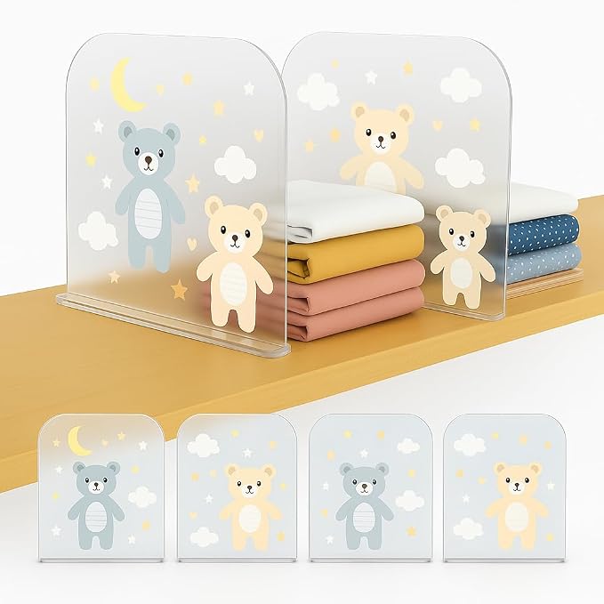 Baby Closet Organizers 4 Clear Acrylic Baby Clothes Dividers for Closet with Bear, Moon, Star, Cloud, and Heart Designs Safe, Rounded Edges for Organizing Baby Clothes, Diapers.