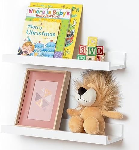 Picture Ledge Shelf for Wall, 16 inch Solid Pine Wood Nursery Book Shelves 2 Packs, Floating Ledge Shelves for Kids' Room Bedroom Bathroom Living Room Photo Frames Office Nursey Wall Decor, White