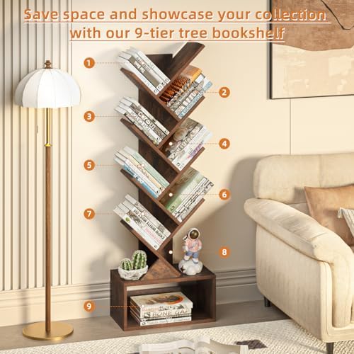 SHEEPAM 9-Tier Tree Bookshelf Floor Standing Narrow Space Storage Bookcase
