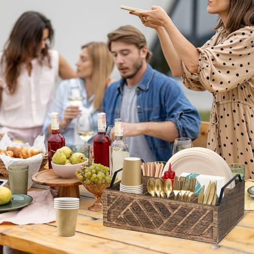 Ukonvi Flatware Organizers Paper Plate Dispenser with Handles, Paper Plate Holder for Kitchen Counter, Wood Rustic Silve