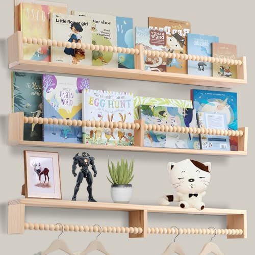 birola Nursery Shelves with Beads Design - 32 Inches Wall Book Shelves Set of 3, Space-Saving Nursery Book Shelves for K