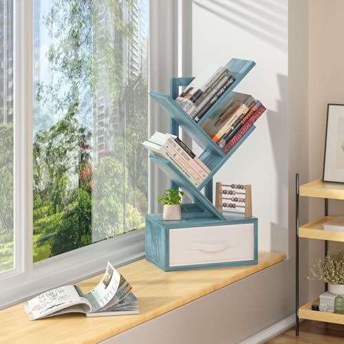 SHEEPAM 4-Tier Tree Bookshelf Small Bookcase with Drawer