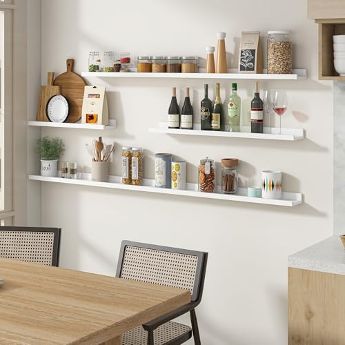 Acovy Long Floating Shelves for Wall, 48 inch Solid Wood Picture Ledge Shelf, Picture Shelf for Wall with Ledge, Floating Book Shelves for Living Room Bedroom Kitchen Nursery Decor, White, Set of 2