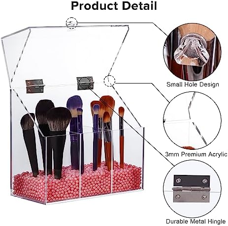 Acrylic Makeup Brush Holder with Lid - Clear Cosmetic Makeup Brush Organizer and Storage Box with Cover for Vanity - Lar