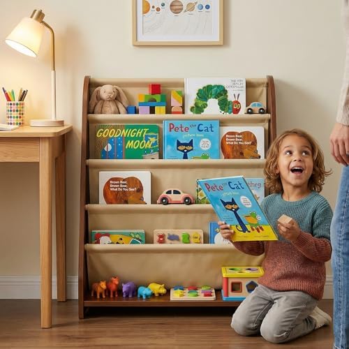 Perugina Wood Kids Bookshelf Fabric 5Tier,WalnutPattern