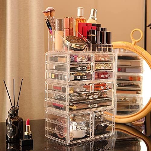 Cq acrylic 4 Pack Clear Makeup Organizer Countertop,Stackable 12 Drawers Skincare Organizer,Cute Skin Care Organizer for